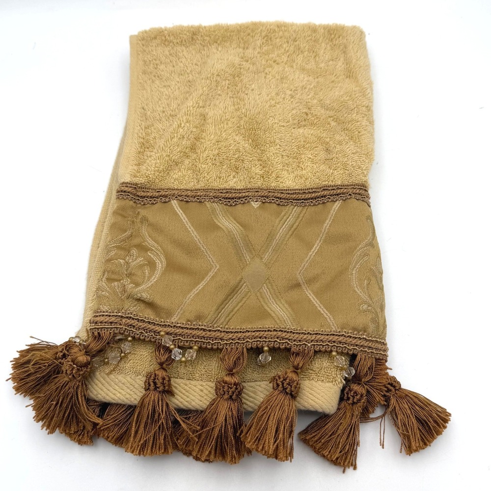 Vtg Croscill 100% Cotton Hand Towel 14x25 Tan Tassel Beaded Border Decorative